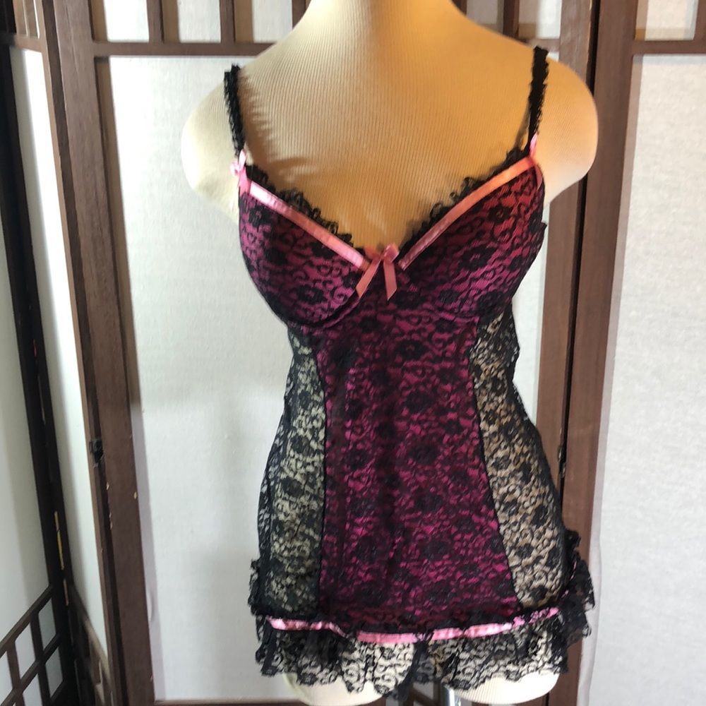 Victoria’s Secret  36C Pink Black Lace Teddy Negligee/ top